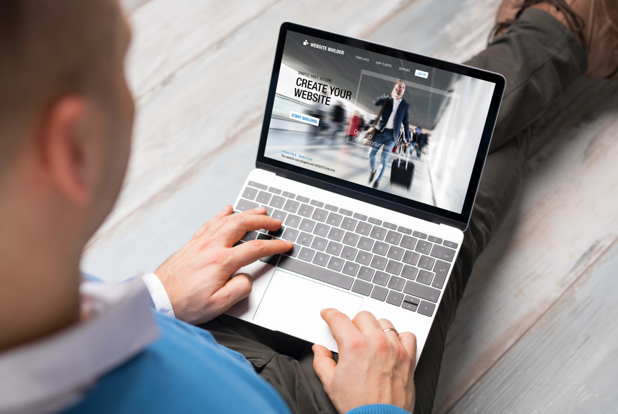 Illustration of a person using a template to create their website.